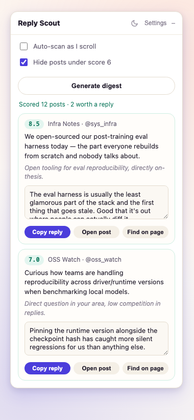 Reply Scout panel showing two scored posts with drafted replies